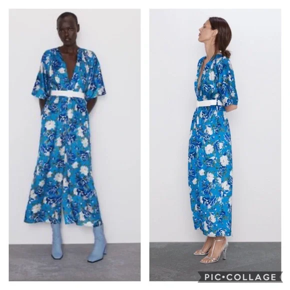NWOT Zara Blue Floral Print Jumpsuit